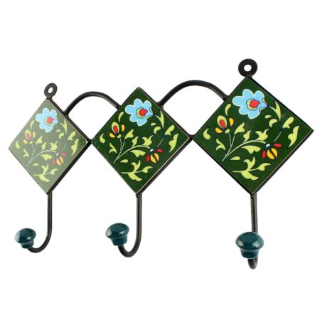 Forest Green Leaf Ceramic Floral Tile Wall Hook